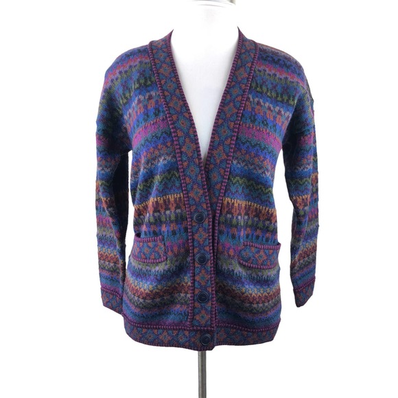 Peruvian Connection Sweaters - Vintage Peruvian Connection Handmade 100% Alpaca Mixed Print Cardigan Petite